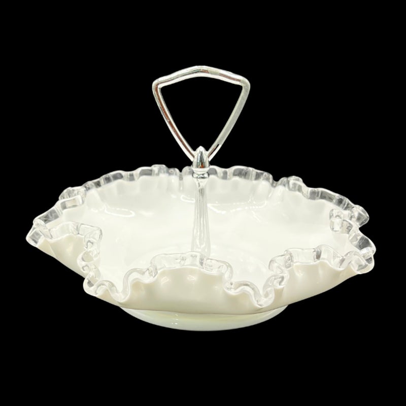 Fenton Silver Crest Milk Glass 8 Inch Handled Bonbon Dish Ruffled Edge