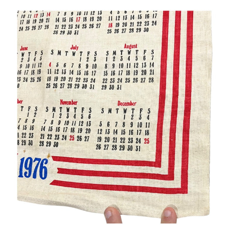 Vintage 1976 Bicentennial Linen Calendar Wall Hanging Tea Towel American Eagle