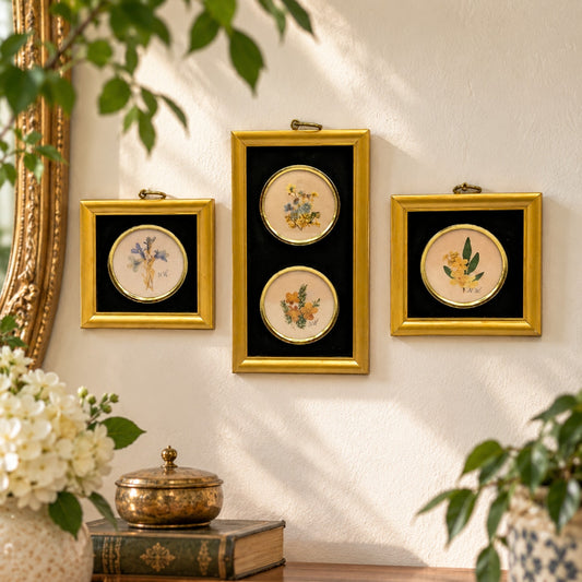 Vintage Japan Dried Flower Frame Set 3 Pc MCM Gold Framed Botanical Wall Art