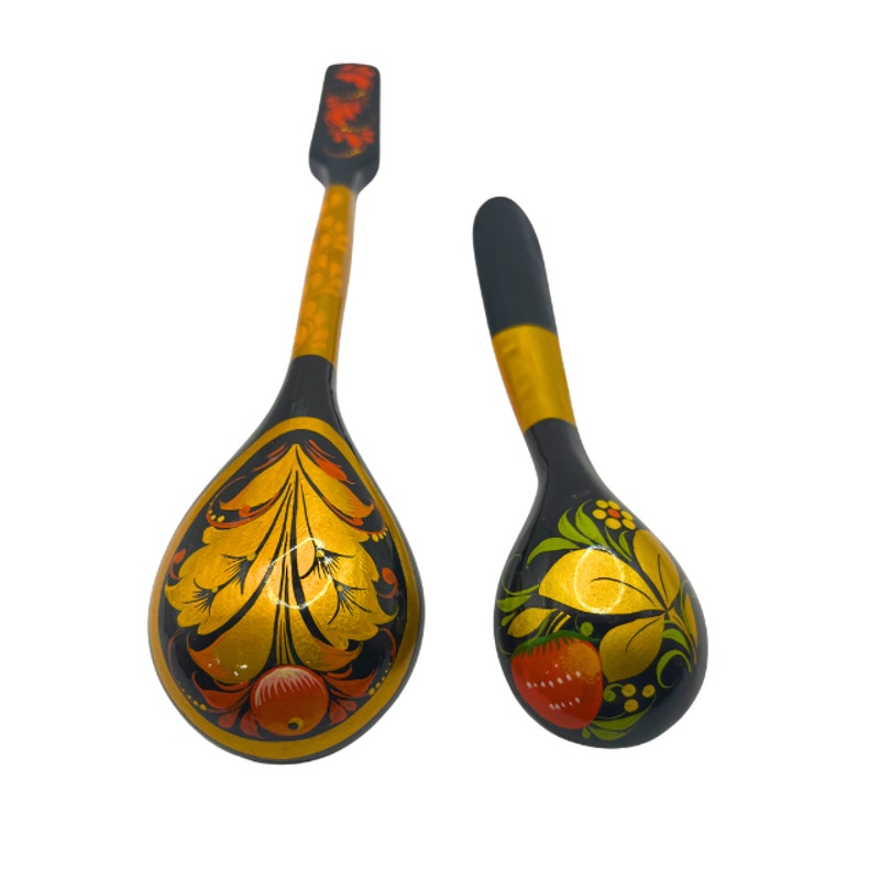 Vintage Russian Stpgoods Khokhloma Wooden Spoons Hand Painted Black  Lacquer Gold Berry Design