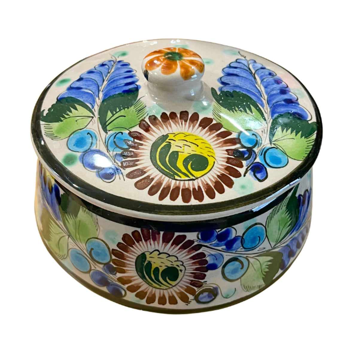 Vintage Tonala Mexican Pottery Bean Pot Hand Painted Talavera Floral Blue