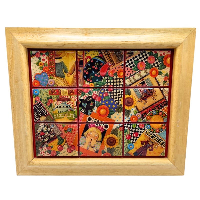 Vintage Mary Engelbreit Framed Lacquered Tile Plaque Wall Art Patchwork 12x10