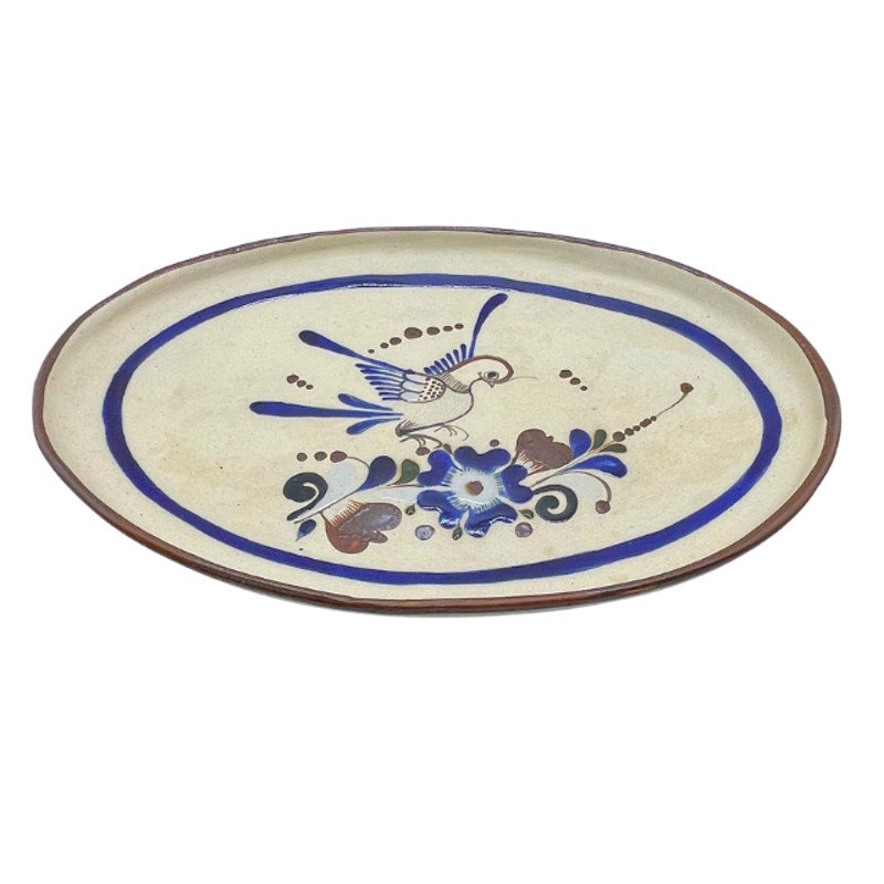 Vintage Tonalá Mexican Folk Art Pottery Serving Platter Bird Floral Oval Tray
