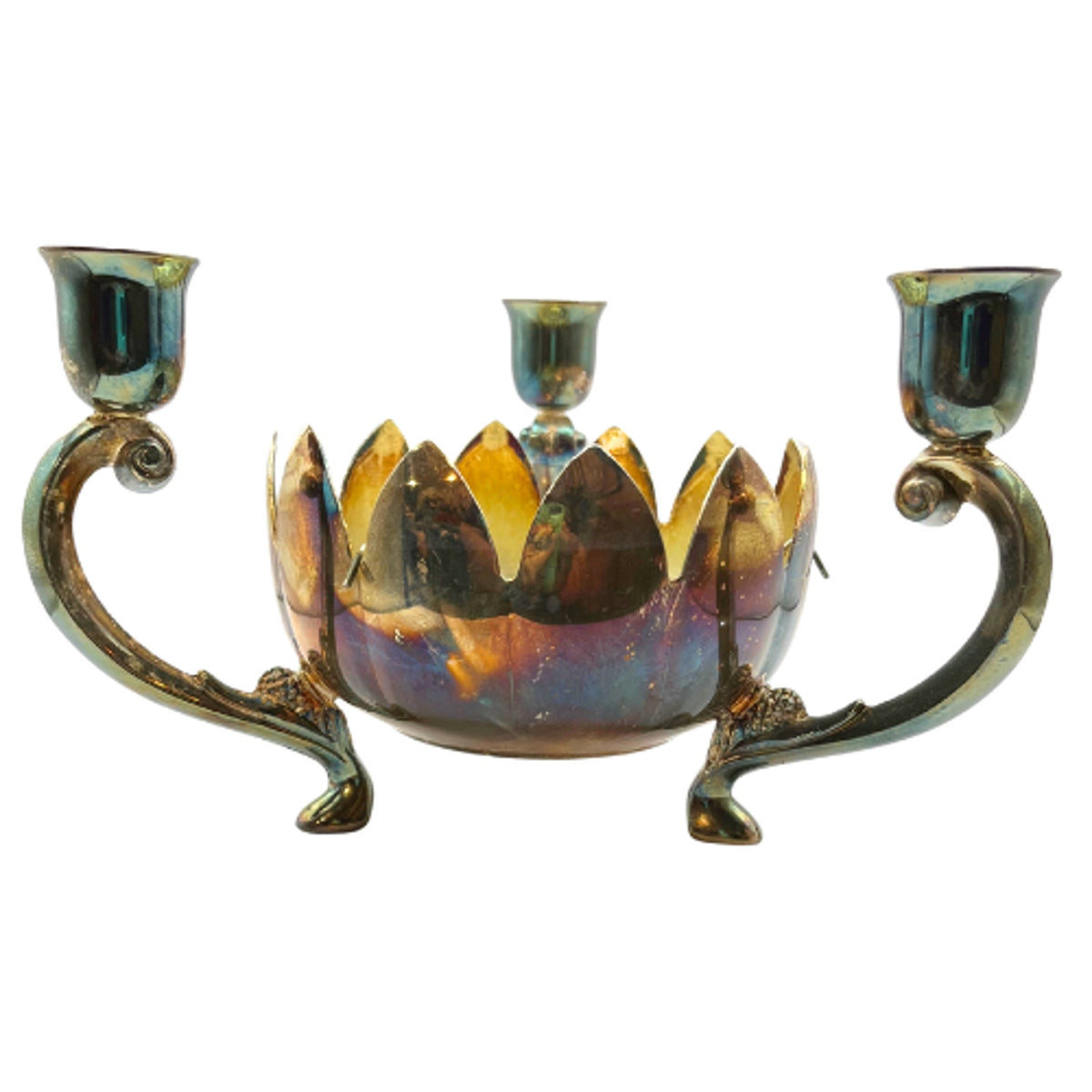 Vintage Hong Kong Silver Plate Lotus Flower Frog Candelabra Centerpiece Patina