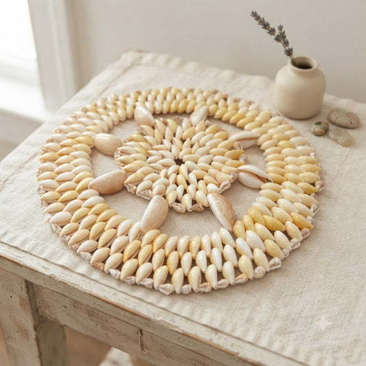 Vintage Cowrie Sea Shell Trivet Doily Star Pattern Coastal Decor