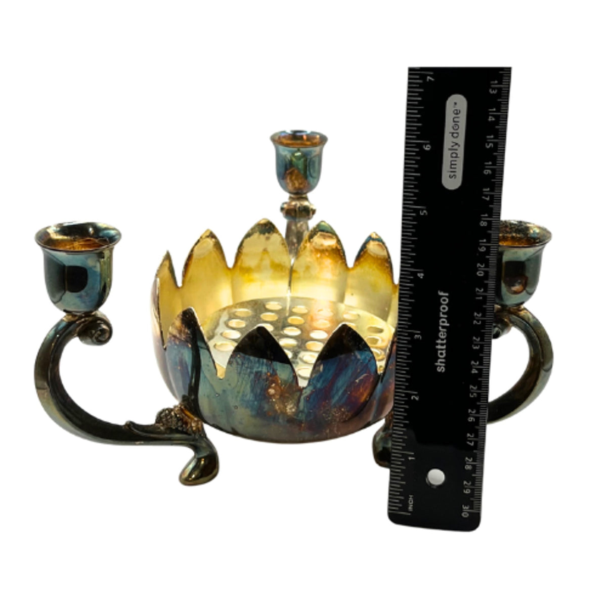 Vintage Hong Kong Silver Plate Lotus Flower Frog Candelabra Centerpiece Patina