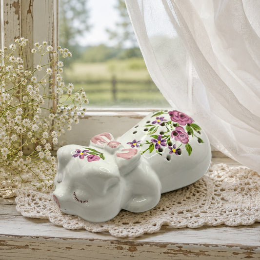 Avon Vintage 1978 Porcelain Sleeping Pig Potpourri Sachet Floral Figurine