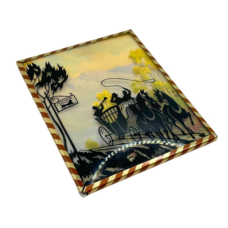 Vintage Reverse Painted Silhouette Horse-Drawn Carriage Scene
