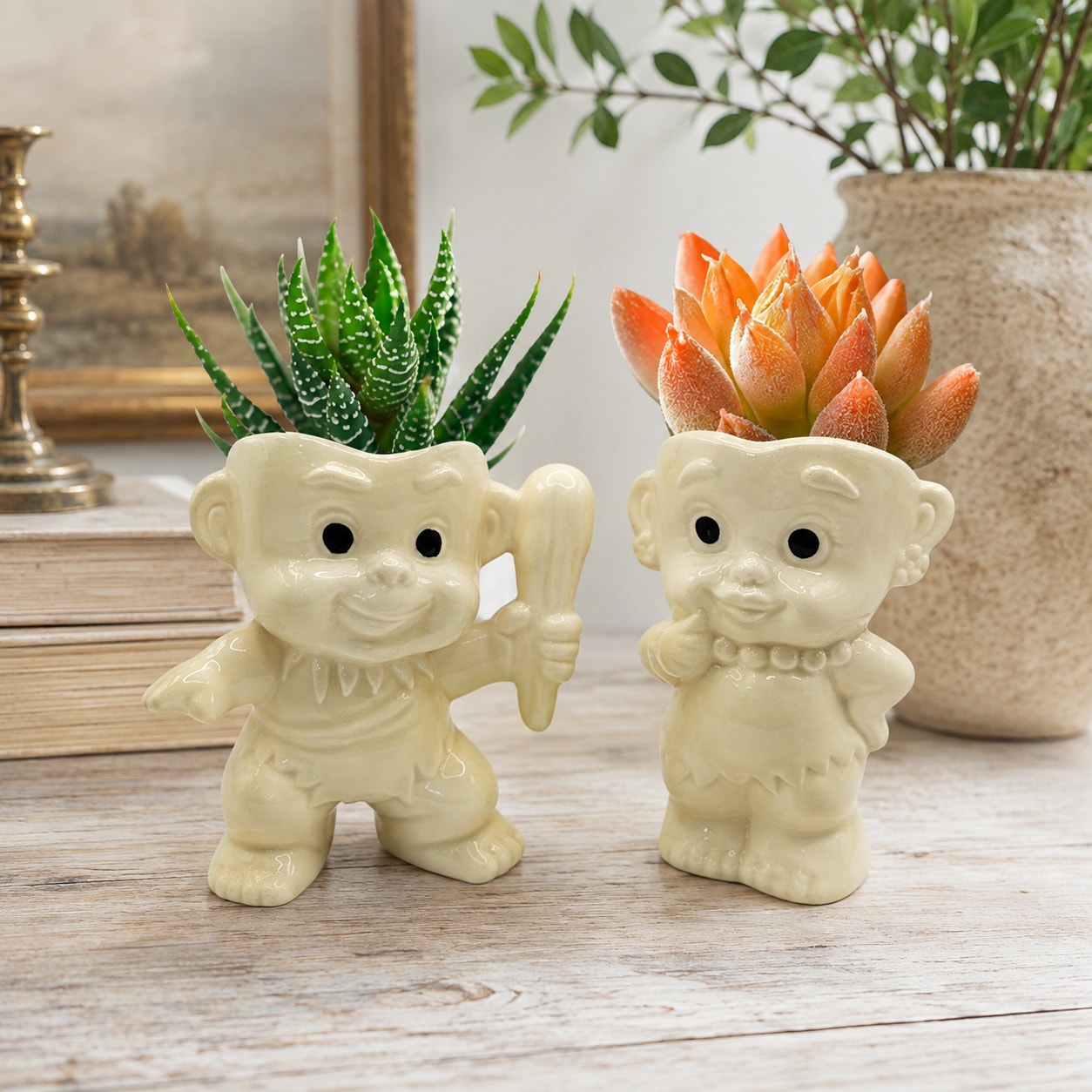 Vintage Flintstones Pebbles and Bam Bam Figural Planters Pencil Holders Ceramic