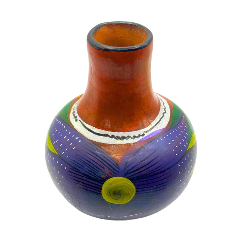 Vintage Mexican Terracotta Water Jug Hand Painted Floral Folk Art Approx. 6"