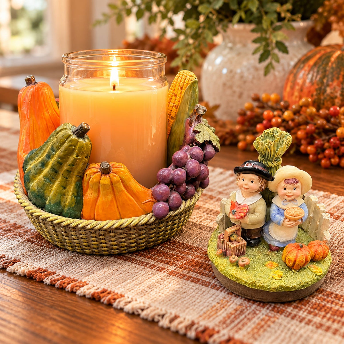 Sweet Shadow Thanksgiving Candle Holder Jar Lid Harvest Fruit Produce Vintage