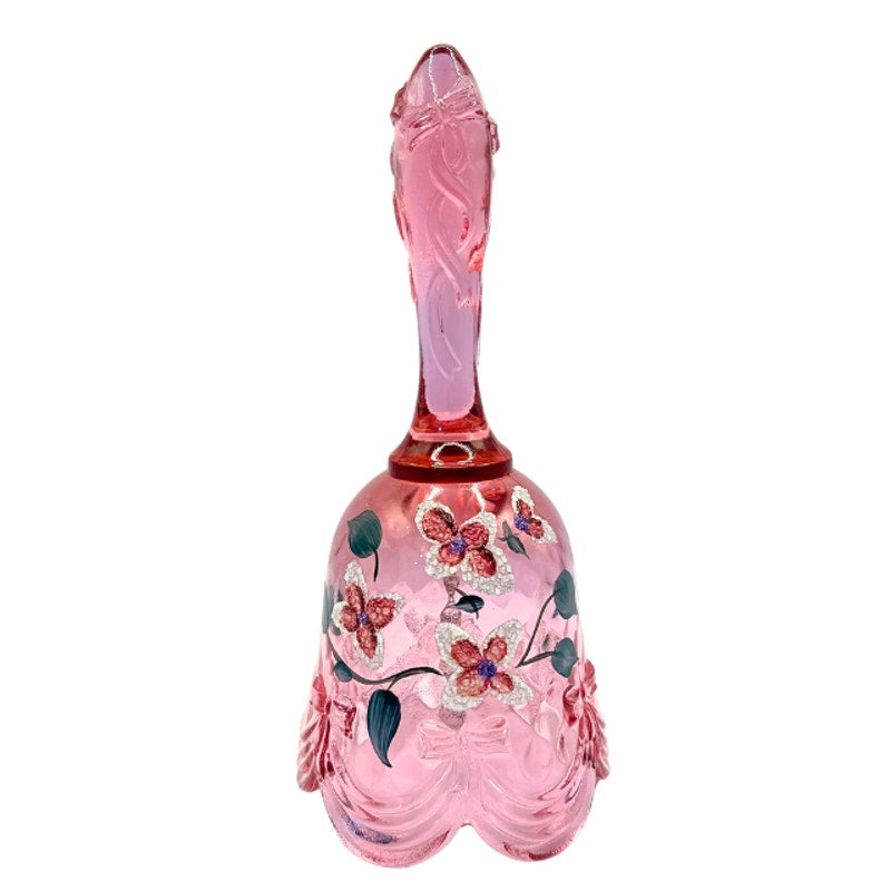 Vintage Fenton Rose Pink Art Glass Bell Hand Painted Signed S. Miller