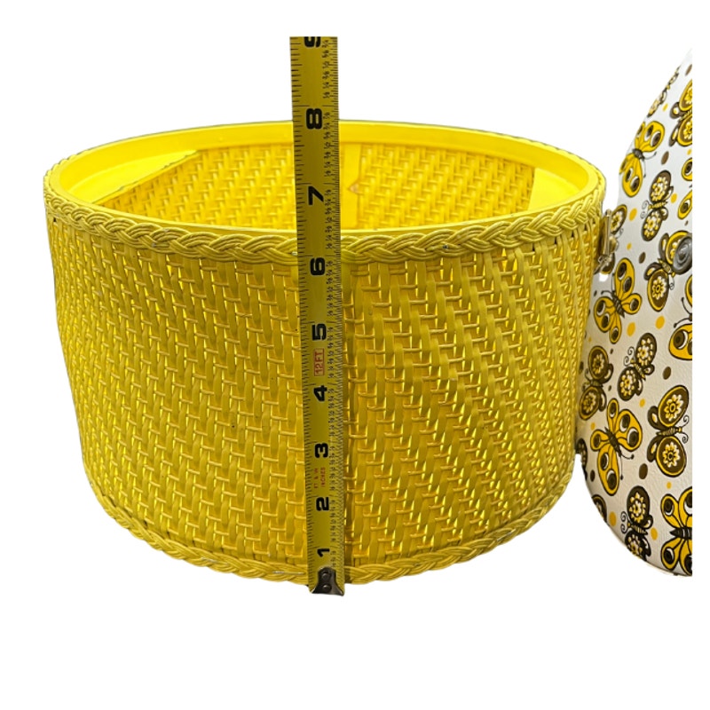 Vintage Yellow Woven Sewing Basket Retro Butterfly Padded Lid Handle 10"