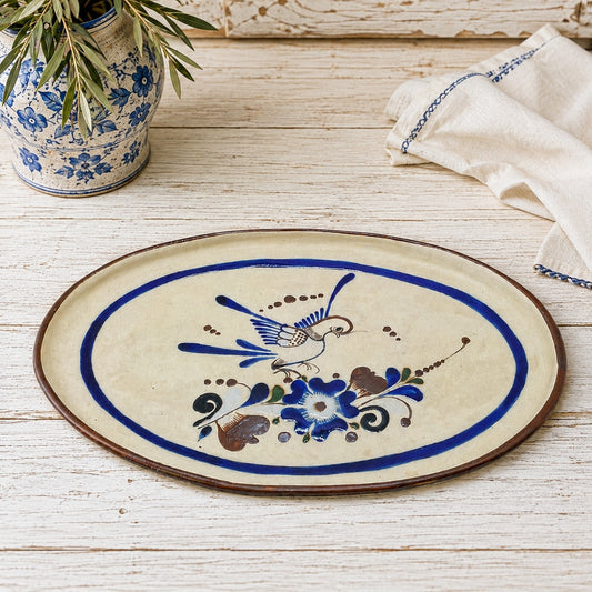 Vintage Tonalá Mexican Folk Art Pottery Serving Platter Bird Floral Oval Tray