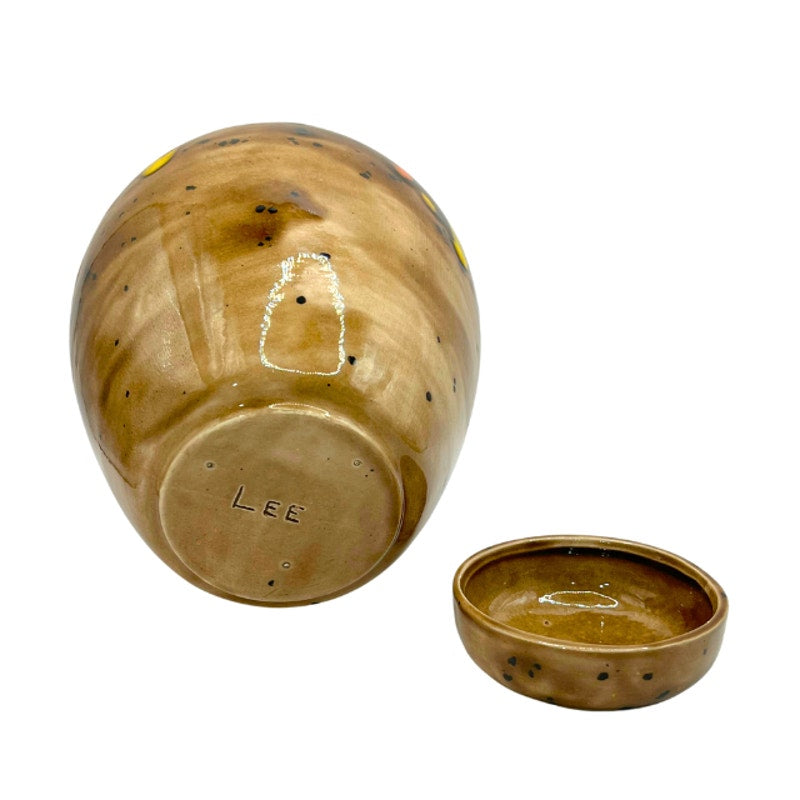 Vintage 70s Studio Pottery Lidded Jar Brown Speckled Glaze Orange Yellow Accents
