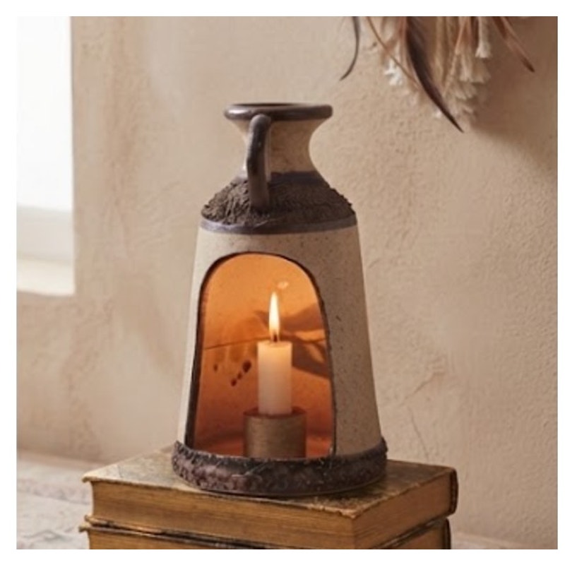Vintage Tonala Mexican Pottery Taper Candle Lantern Folk Art Signed