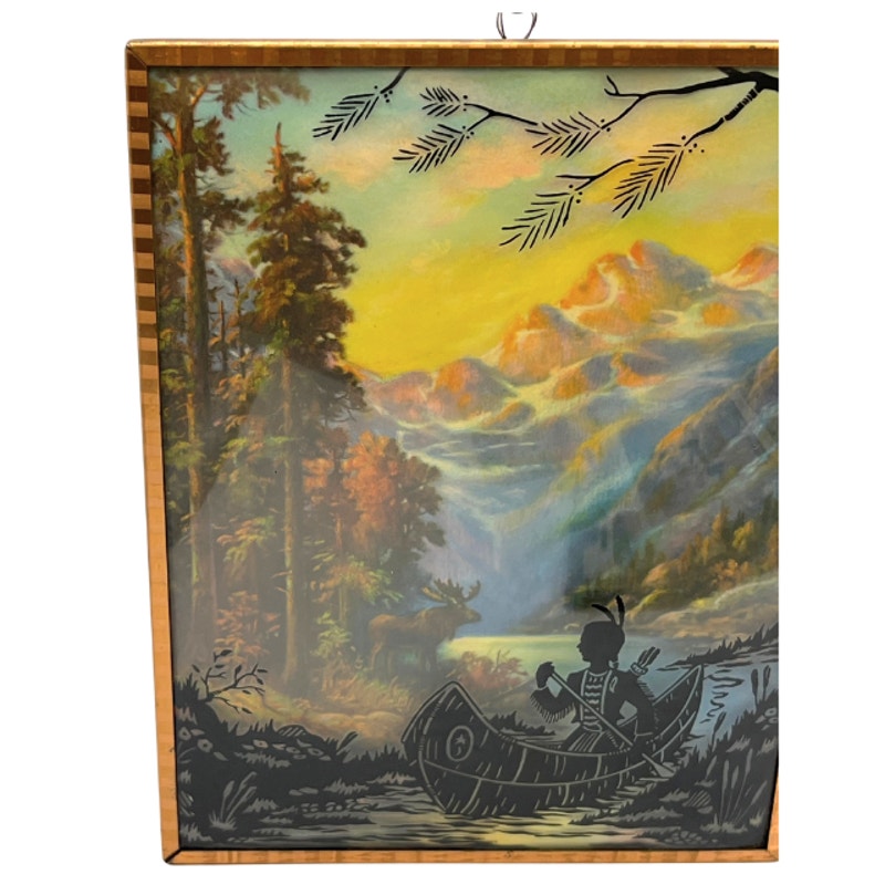 Vintage Reverse Painted Silhouette Picture Native American Nature Art