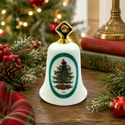 Spode Christmas Tree Porcelain Bell Ornament Gold Trim Vintage Holiday Decor