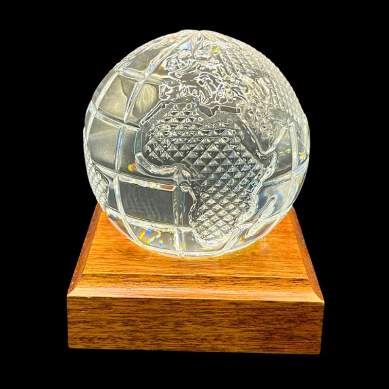 Waterford Crystal World Globe Paperweight Diamond Cut Art Glass Wood Base