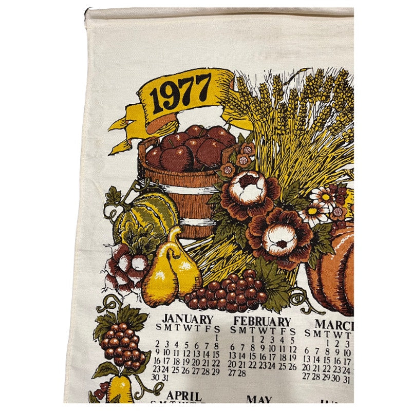 Vintage 1977 Harvest Calendar Tea Towel Fall Fruits Wall Hanging Linen