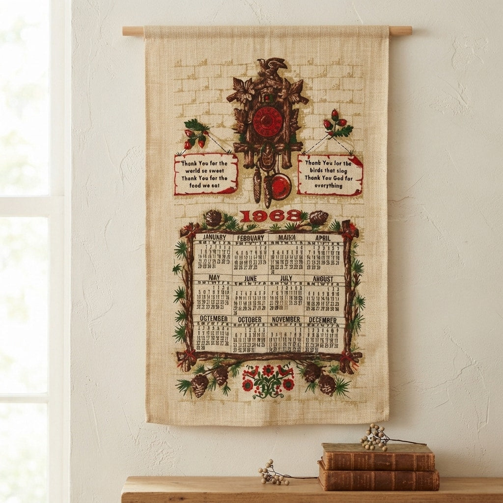 Vintage 1968 Stevens Linen Calendar Tea Towel Cuckoo Clock