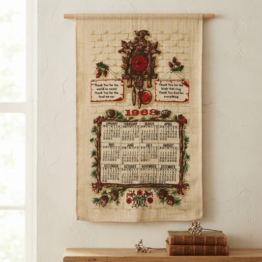 Vintage 1968 Stevens Linen Calendar Tea Towel Cuckoo Clock