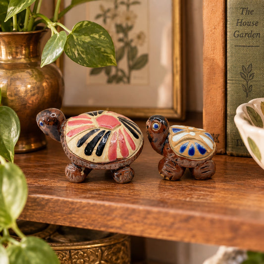 VTG Miniature Mother Baby Turtle Figurines Hand-Painted Folk Art Terracotta Decor