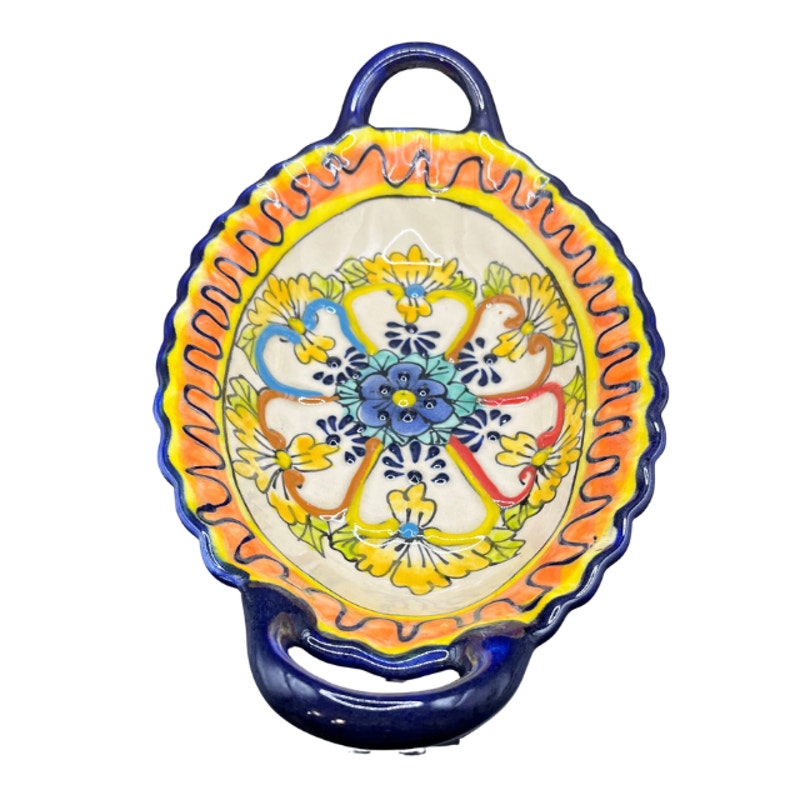 Vintage Mexican Pottery Oval Serving Dish Double Handle Hand Painted Floral