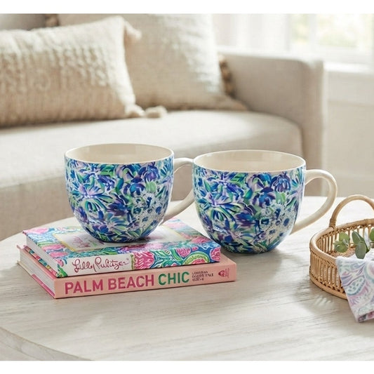 Lilly Pulitzer Ceramic Coffee Mugs Blue Floral High Maintenance Set of 2