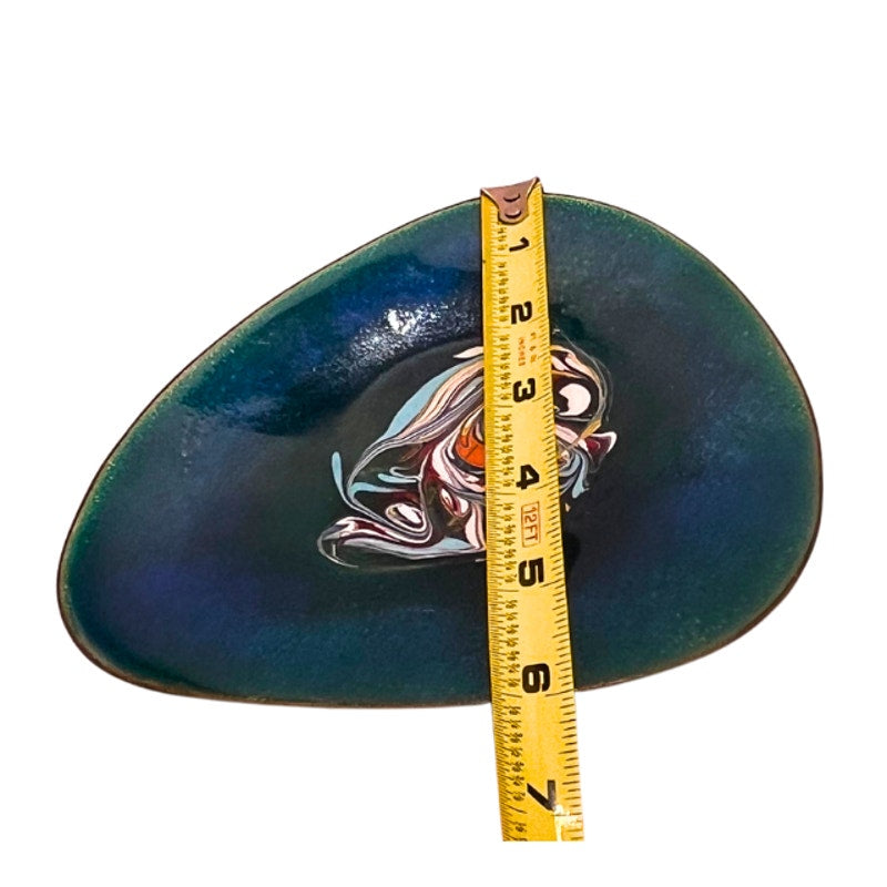 Vintage Enameled Copper Dish Turquoise Blue Abstract Marbled Trinket Bowl
