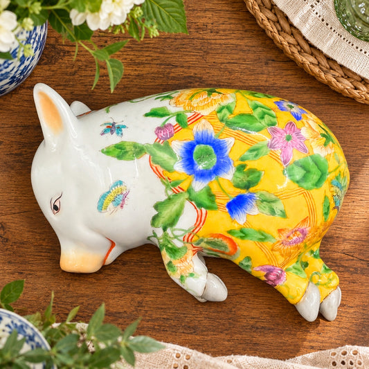 Vintage Sleeping Pig Figurine Ceramic Porcelain Yellow Floral Butterfly Decor