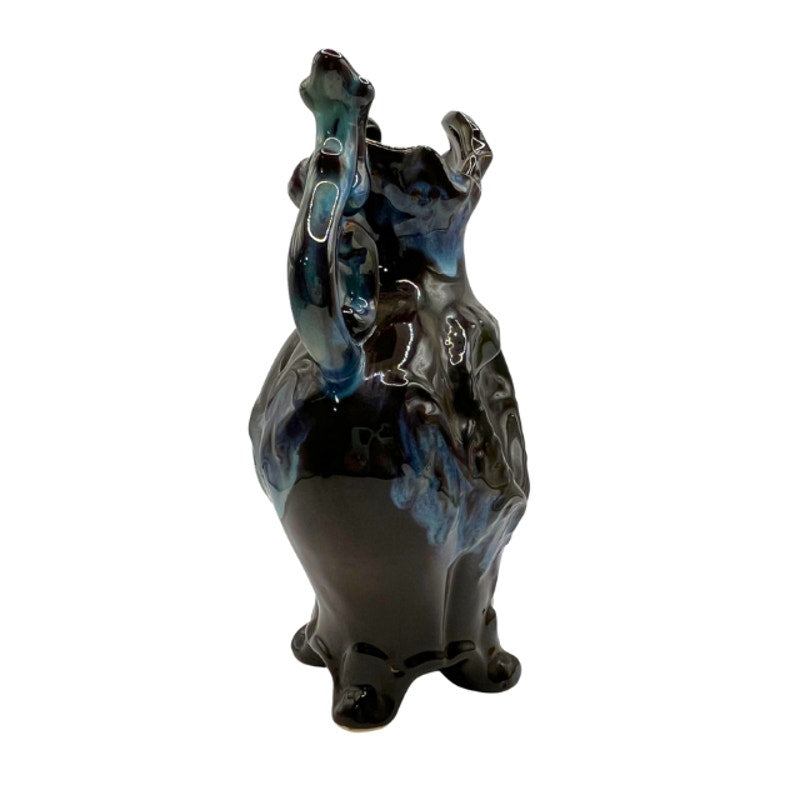 Vintage Art Pottery Pitcher Blue Brown Drip Glaze Heart Motif Ornate Footed Jug