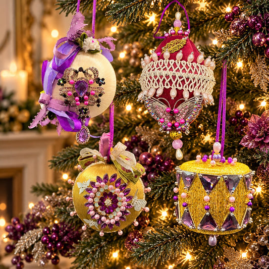 Vintage 1990s Handmade Jeweled Christmas Ornaments Set of 4 Satin Rhinestone