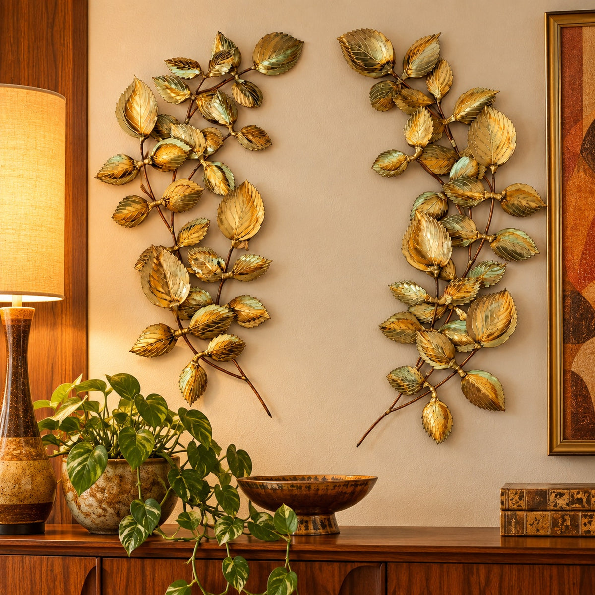 Vintage MCM Brutalist Copper & Brass Leaf Sculptures Set of 2 Wall Art