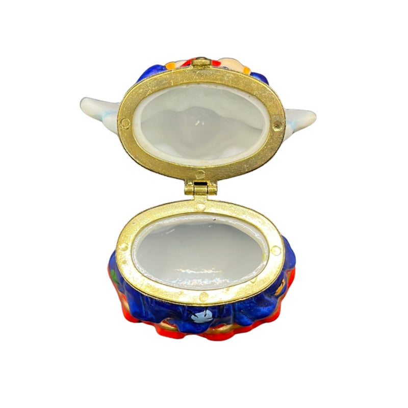 Vintage Ceramic Angel Hinged Trinket Box Blue Dress Red Heart 3 Inch