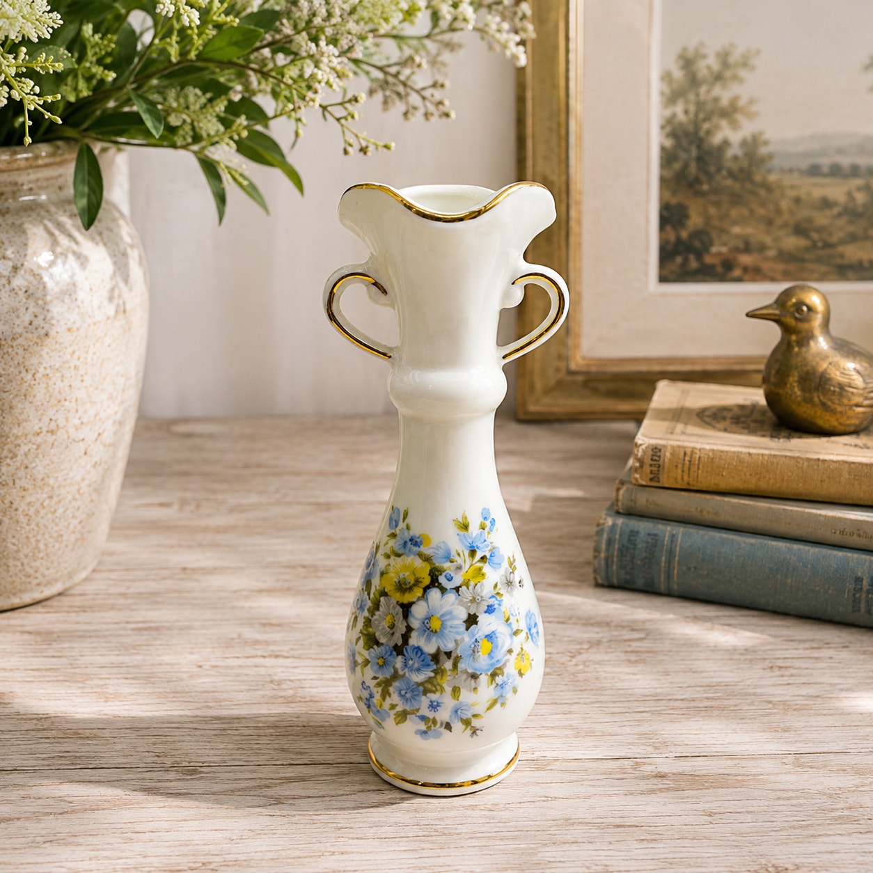 Vintage Lefton Ruffled Double Handle Blue Floral Vase