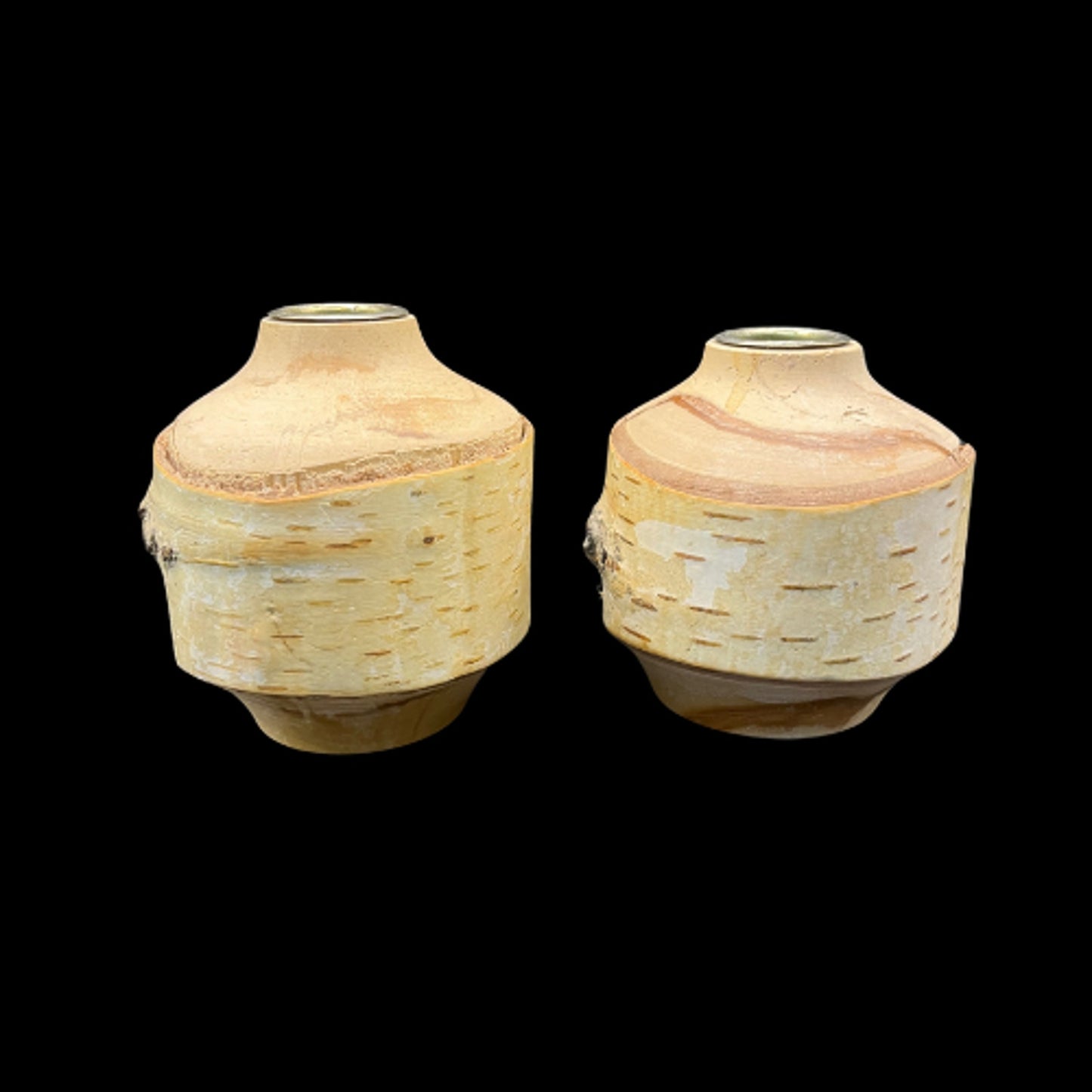 Set of Two Birch  Wood Taper Candle Holders With Metal Lining