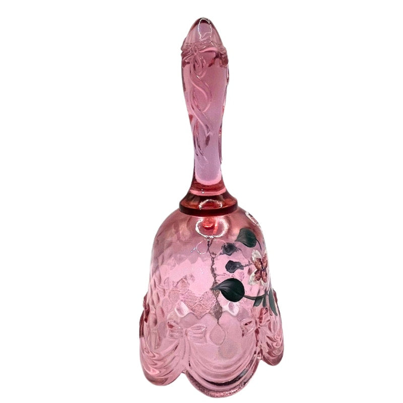 Vintage Fenton Rose Pink Art Glass Bell Hand Painted Signed S. Miller