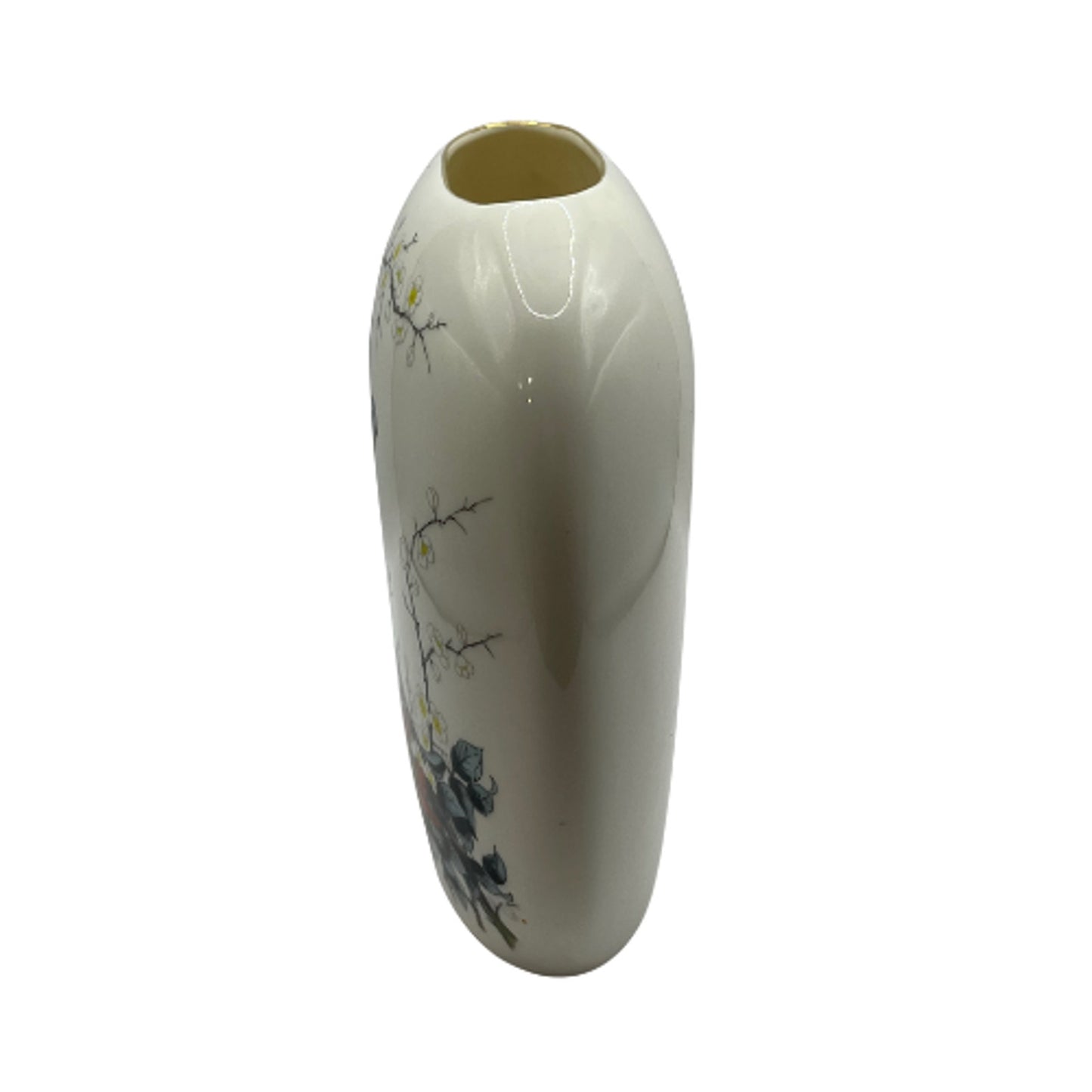 Vintage JAY Japan Oval Pillow Vase Fine China Porcelain Birds & Cherry Blossoms