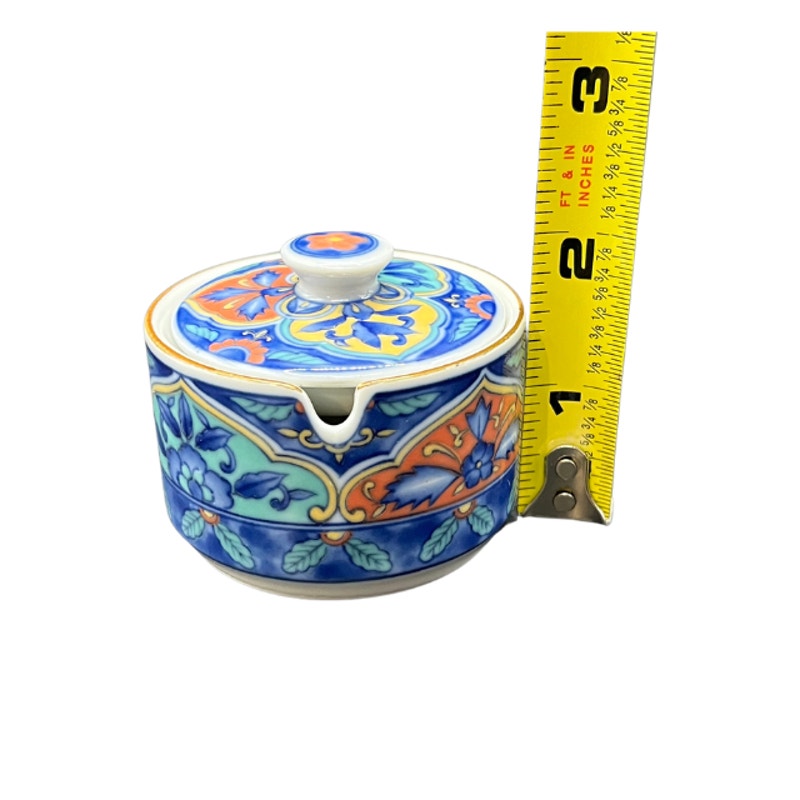 Vintage Chinese Porcelain Floral Mustard Pot Lid Wooden Spoon and Box