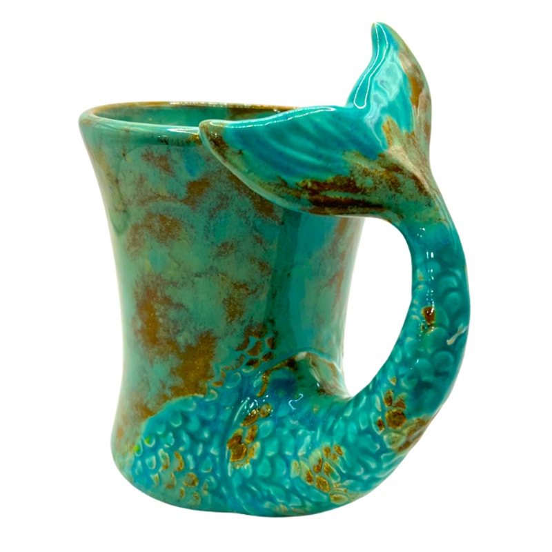 Vintage Studio Pottery Mug Mermaid Tail Handle Turquoise Teal Green Coffee Cup