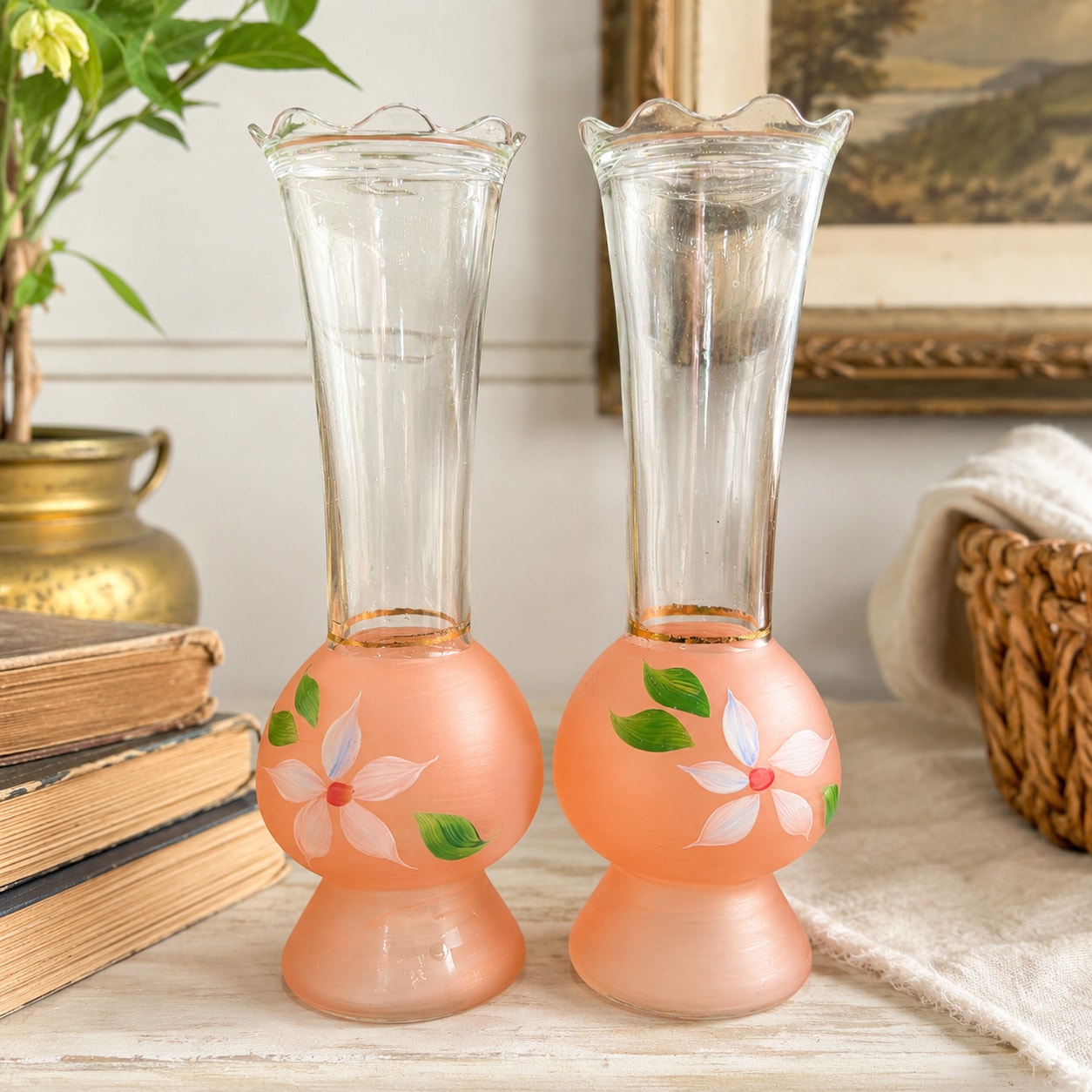 Vintage Bartlett Collins Frosted Pink Glass Vases Hand Painted Pair 9" MCM