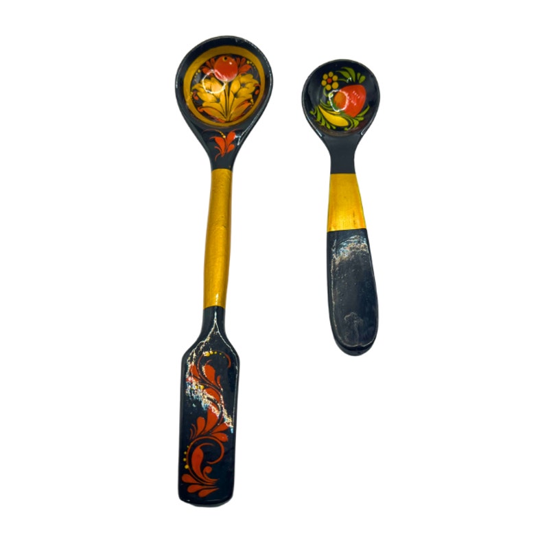 Vintage Russian Stpgoods Khokhloma Wooden Spoons Hand Painted Black  Lacquer Gold Berry Design