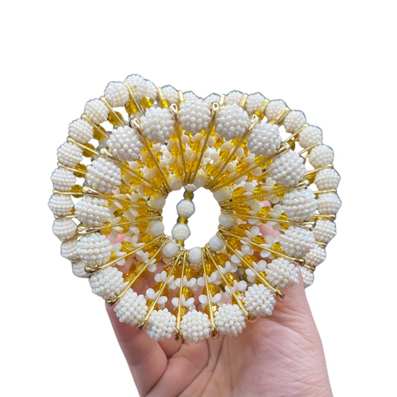 Vintage Handmade Beaded Safety Pin Basket Gold White Folk Art MCM