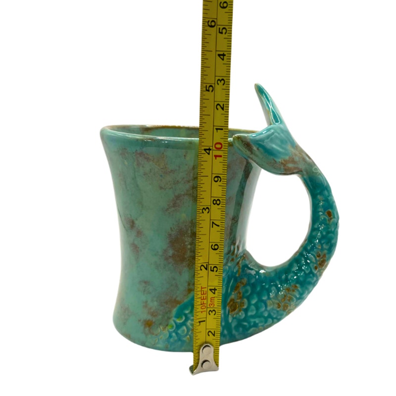 Vintage Studio Pottery Mug Mermaid Tail Handle Turquoise Teal Green Coffee Cup