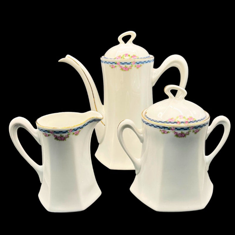 Antique French Limoges Tea Set Blue Ginham Pink Rose  19Pc  Charles Ahrenfeldt