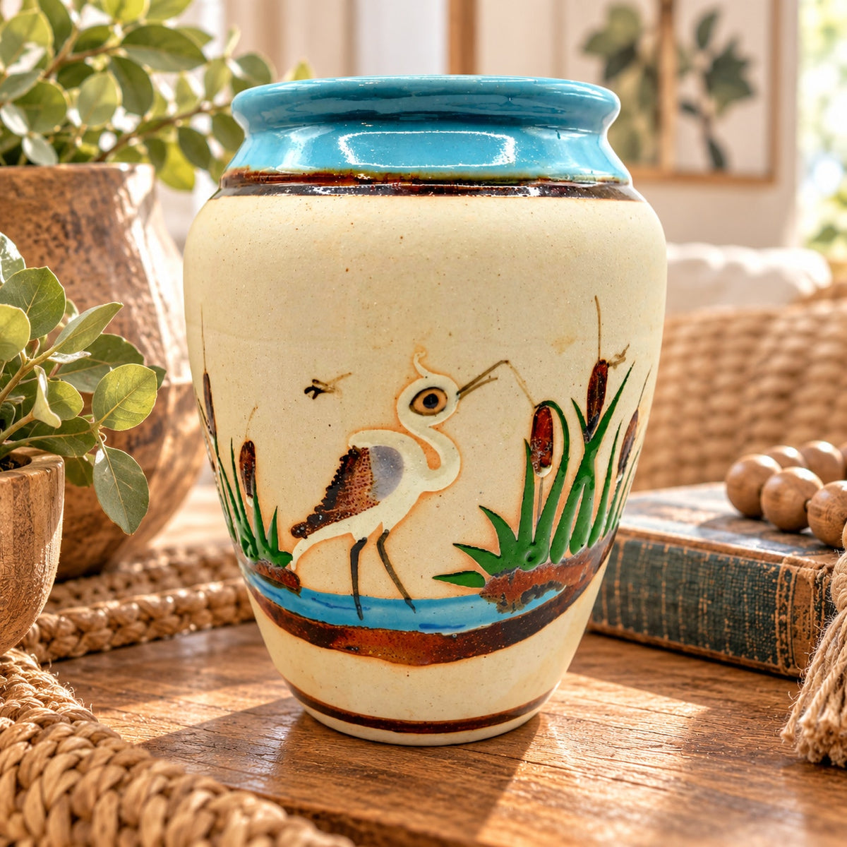 Vintage Mexican Tonala Folk Art Pottery Vase Heron & Cattail Handpainted 6.5in34.
