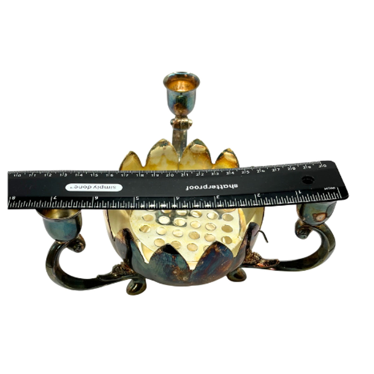 Vintage Hong Kong Silver Plate Lotus Flower Frog Candelabra Centerpiece Patina