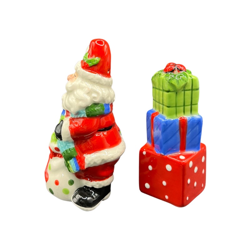 Vintage Fitz and Floyd Be Merry Santa Claus Stack of Gifts Salt & Pepper Shakers