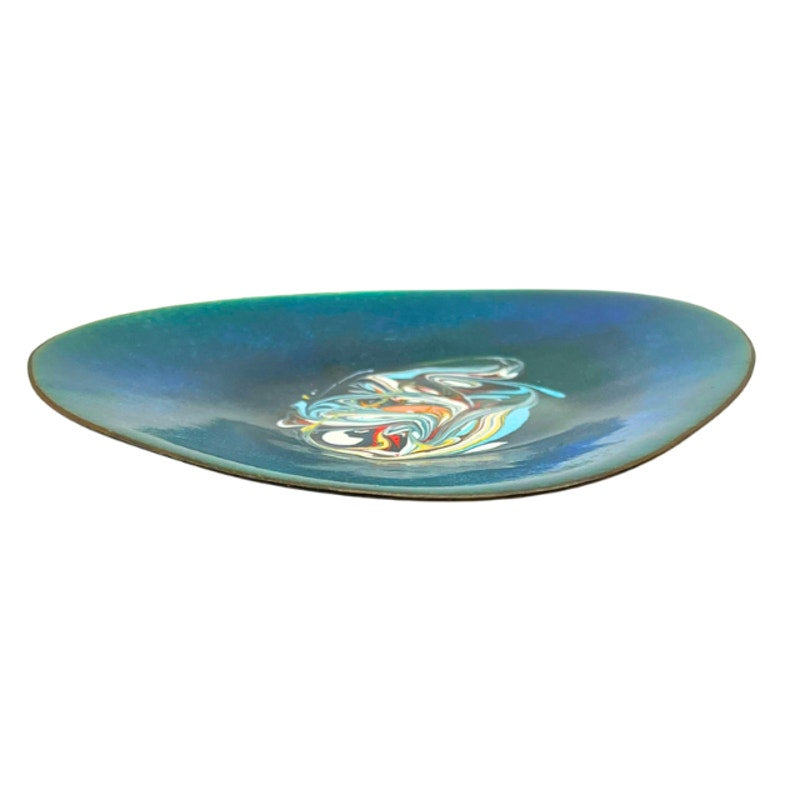 Vintage Enameled Copper Dish Turquoise Blue Abstract Marbled Trinket Bowl